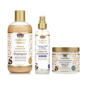 African Pride Moisture Miracle Shampoo, Leave-in Conditioner and Leave-in Cream SET, Coconut Oil, Honey, Baobab Oil Hydrate Coconout Oil and Milk